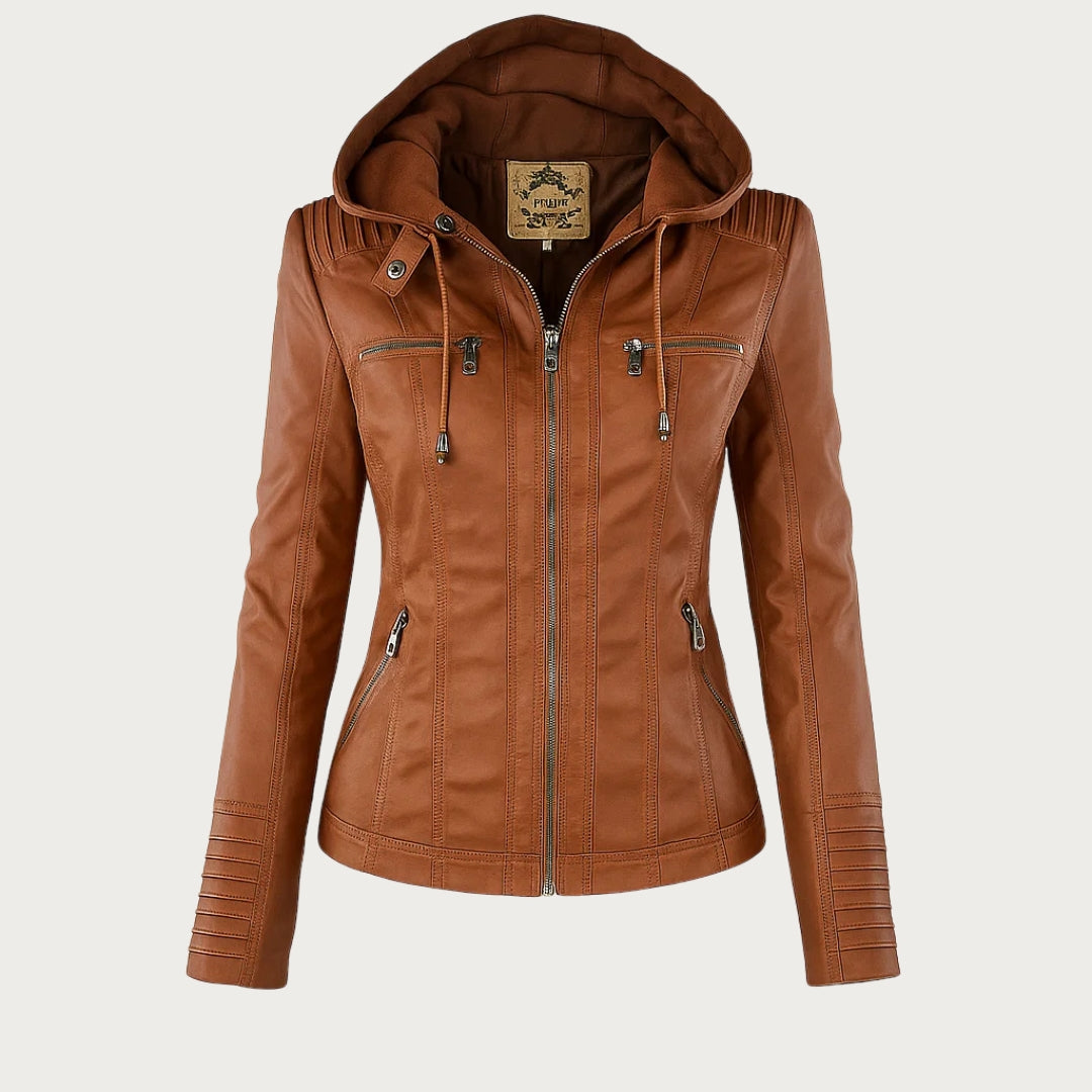 Women's Hooded Faux Leather Jacket with Zip Closure