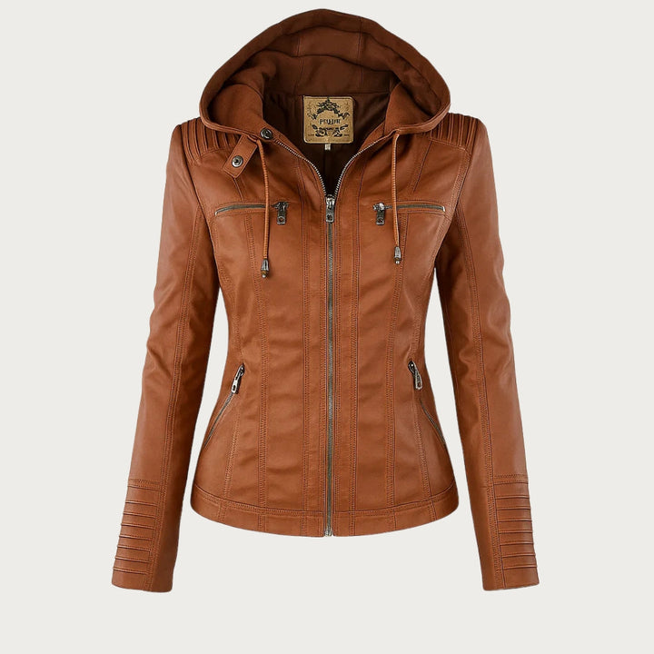 Women's Hooded Faux Leather Jacket with Zip Closure