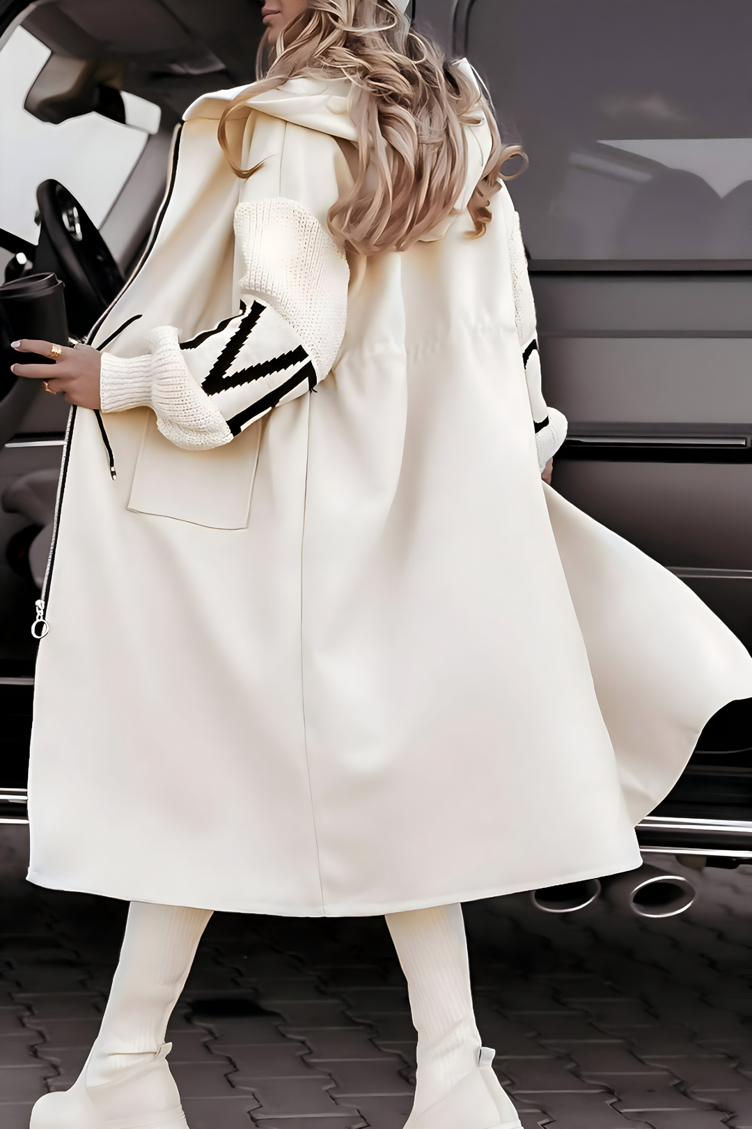 Women's Winter Jacket with Knit Sleeves and Hood