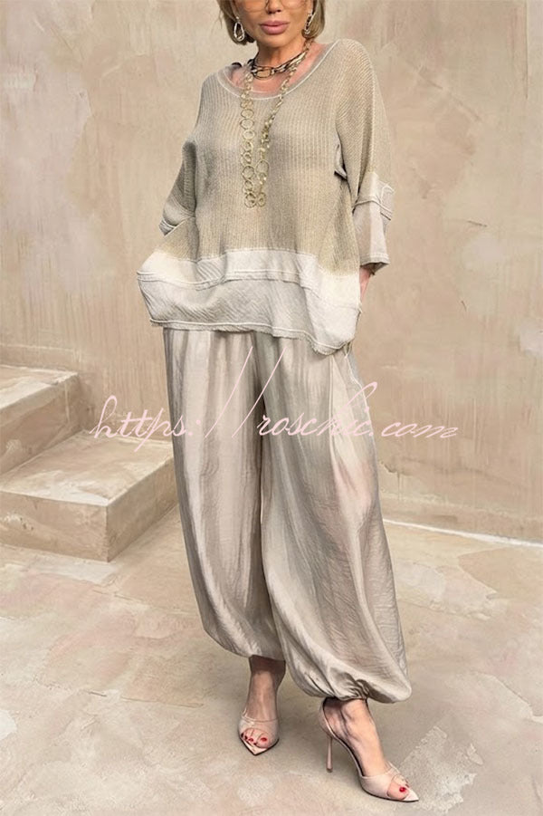Lucy Knit Cutout Layered Design Half Sleeve Top and Satin Elastic Waist Pocketed Lantern Pants Set