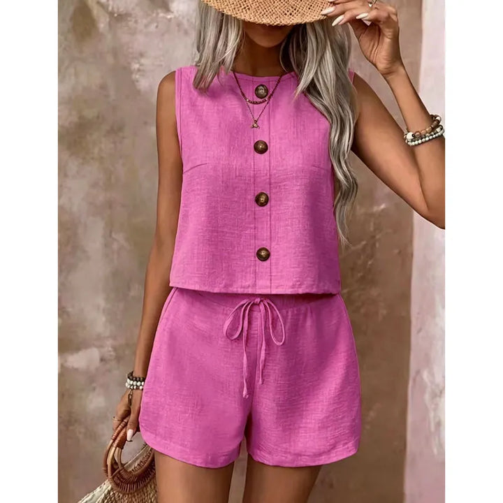 Summer Women's Set with Sleeveless Button Top and Adjustable Shorts