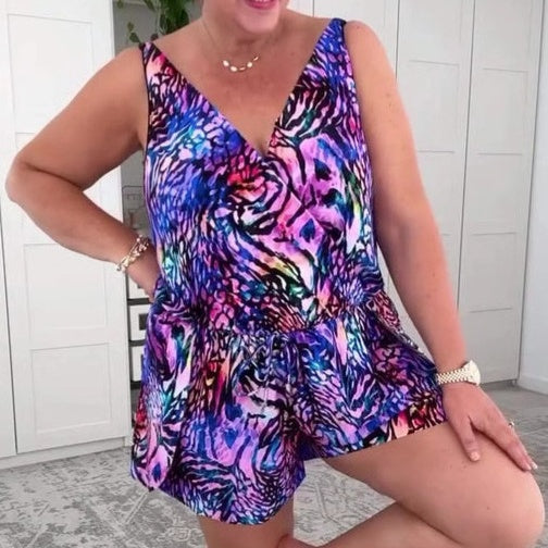 Women's Animal Print V-Neck Playsuit for Effortless Style