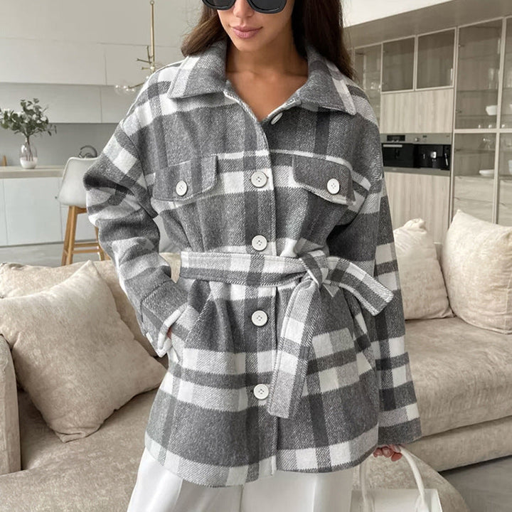 Women's Checkered Coat with Wide Tie Collar - Chic and Warm