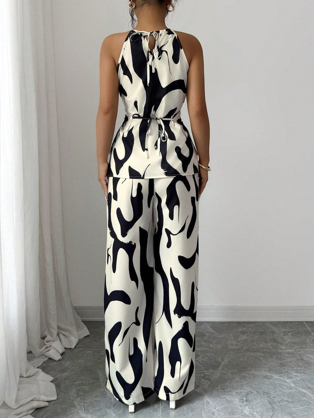 Women's Black and White Printed Halter Jumpsuit