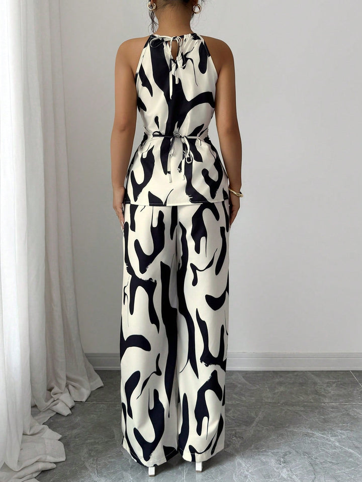 Women's Black and White Printed Halter Jumpsuit