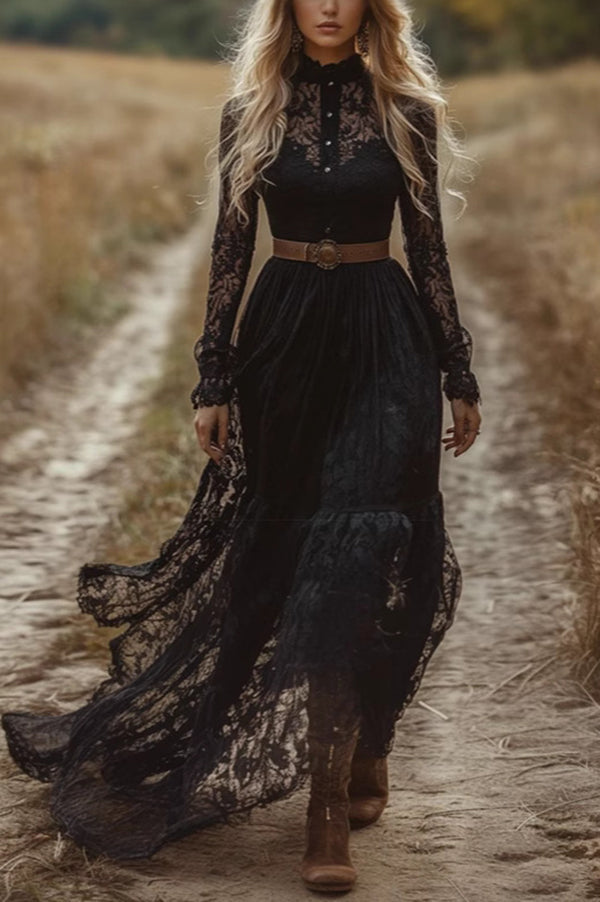 Elegant Hollow Lace Long Sleeve Slim Holiday Maxi Dress