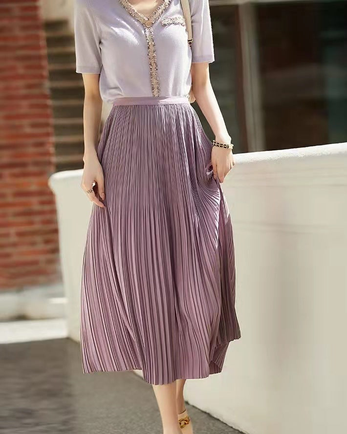 Mid-Length Pleated Skirt in Solid Color | Perfect for Autumn