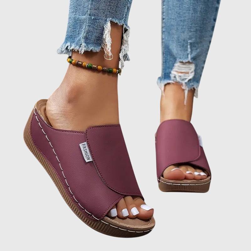 Esther™ Emma & Rose Cape Town orthopedic wedge sandals with adjustable straps and cushioned footbed, in tan leather.