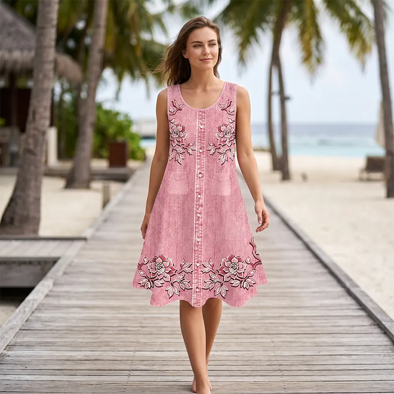 Women's Floral Sleeveless Dress with Front Buttons