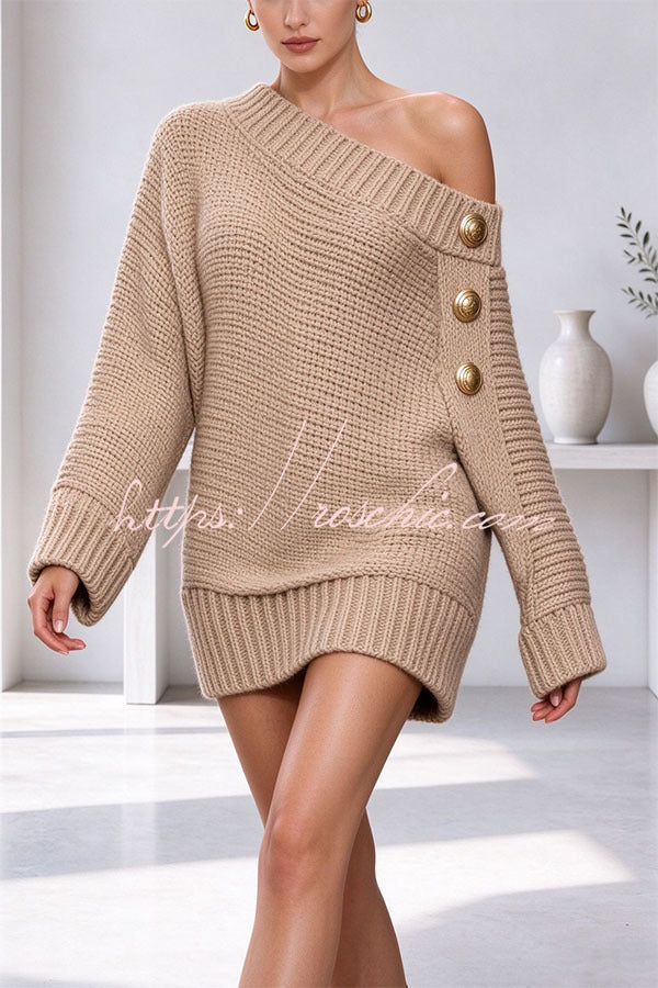 Ribbed Knit One Shoulder Button Detail Long Sleeve Relaxed Sweater Mini Dress