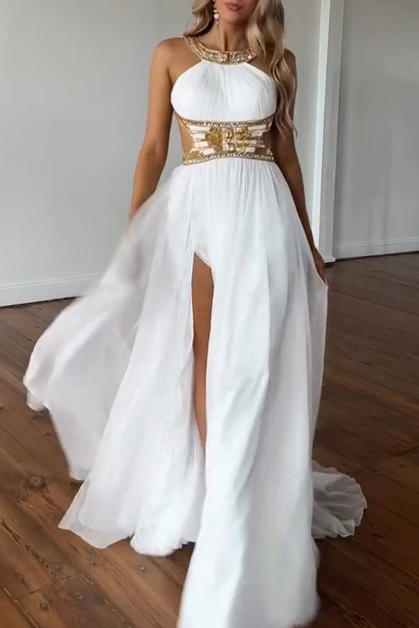 Egyptian Princess Tulle Metal and Gemstone Ornament Cutout Halter Backless Maxi Dress