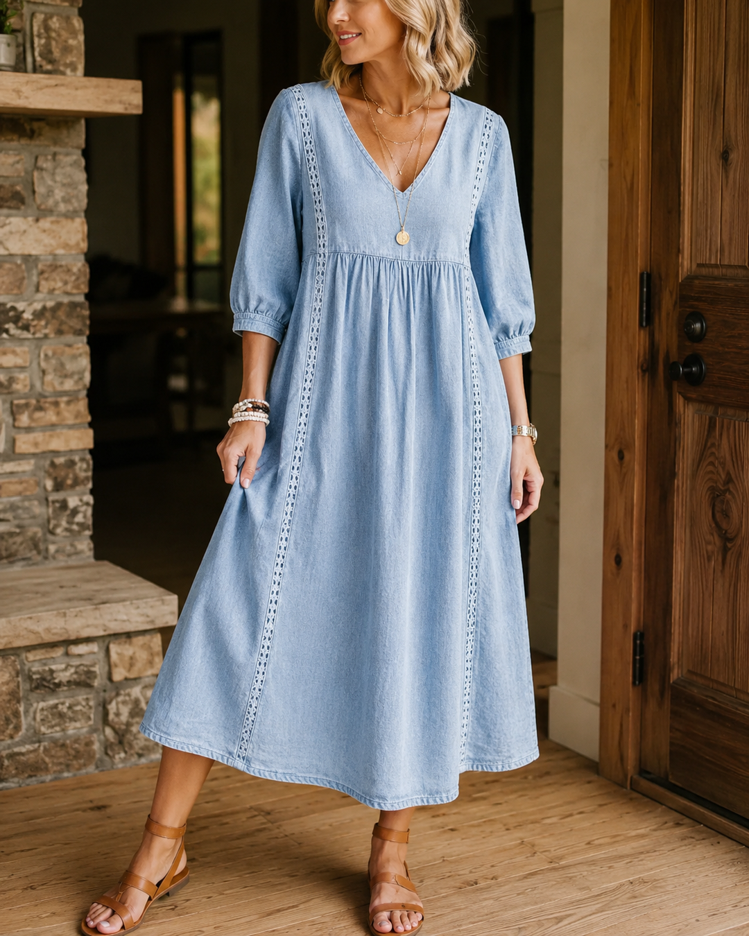 Nessa Belly-Covering Midi Dress with Lace Detail, view 4 - Elena Harper