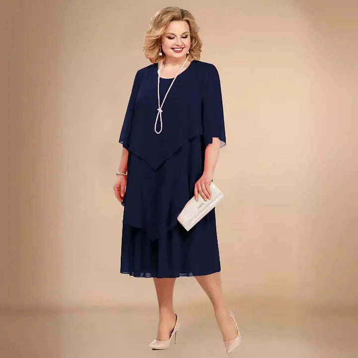 Leva Elegant Layered Dress with Asymmetrical Layers, view 2 - Elena Harper