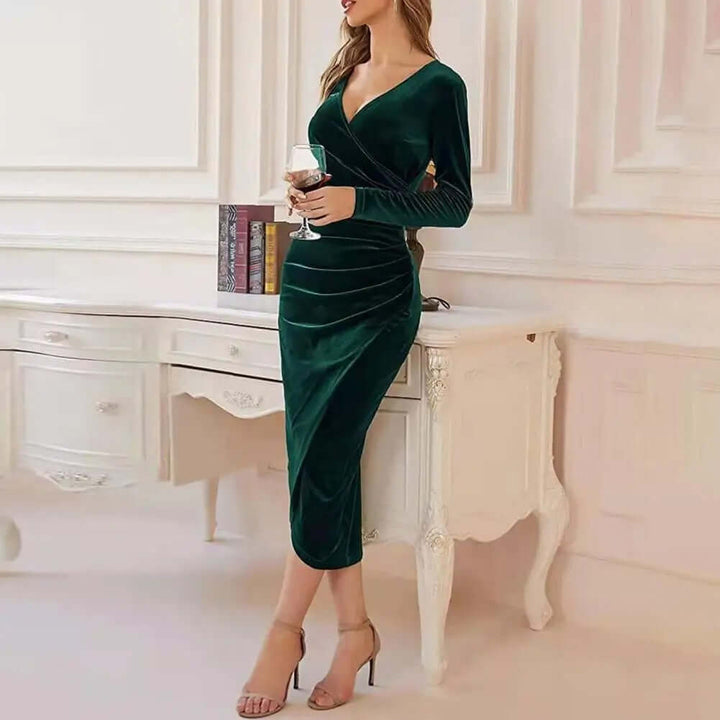 Women's Velvet Ruched Wrap Midi Dress - Elena Harper