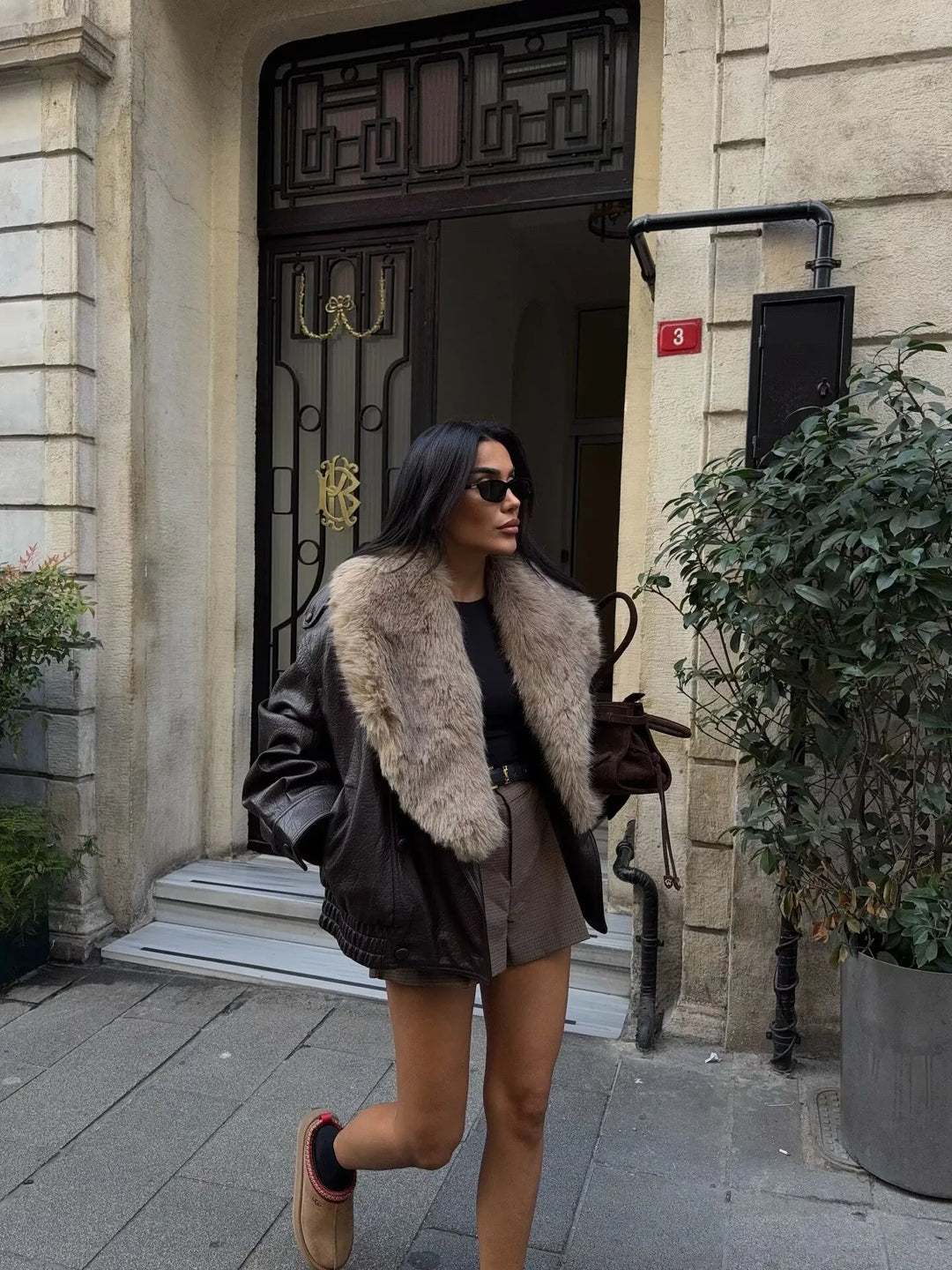 Women's Faux Leather Jacket with Wide Fur Collar - Nymera