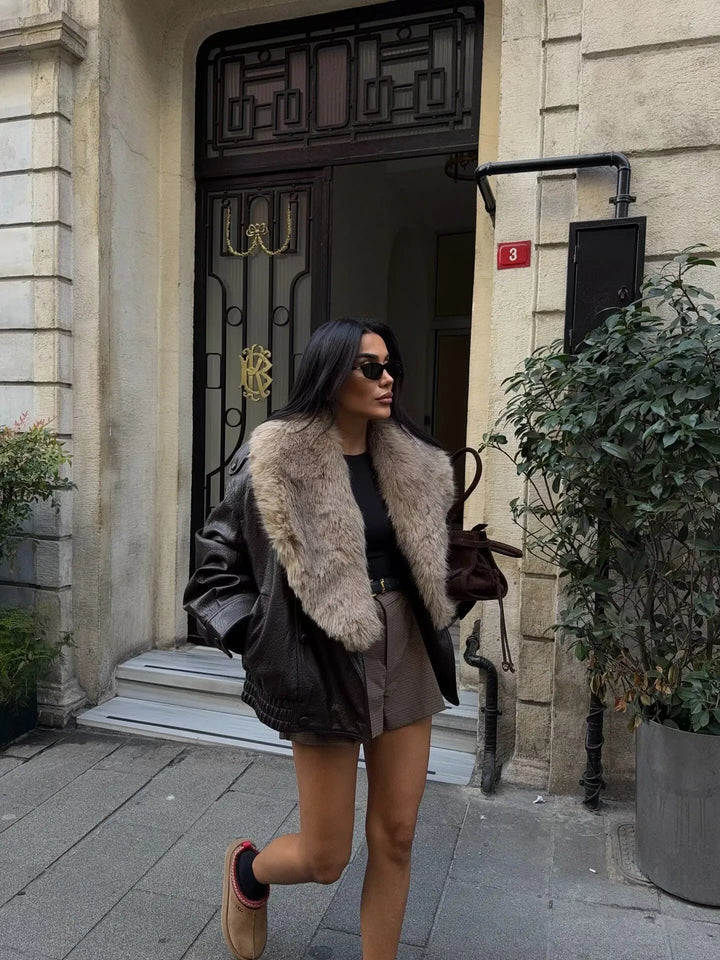 Women's Faux Leather Jacket with Wide Fur Collar - Nymera
