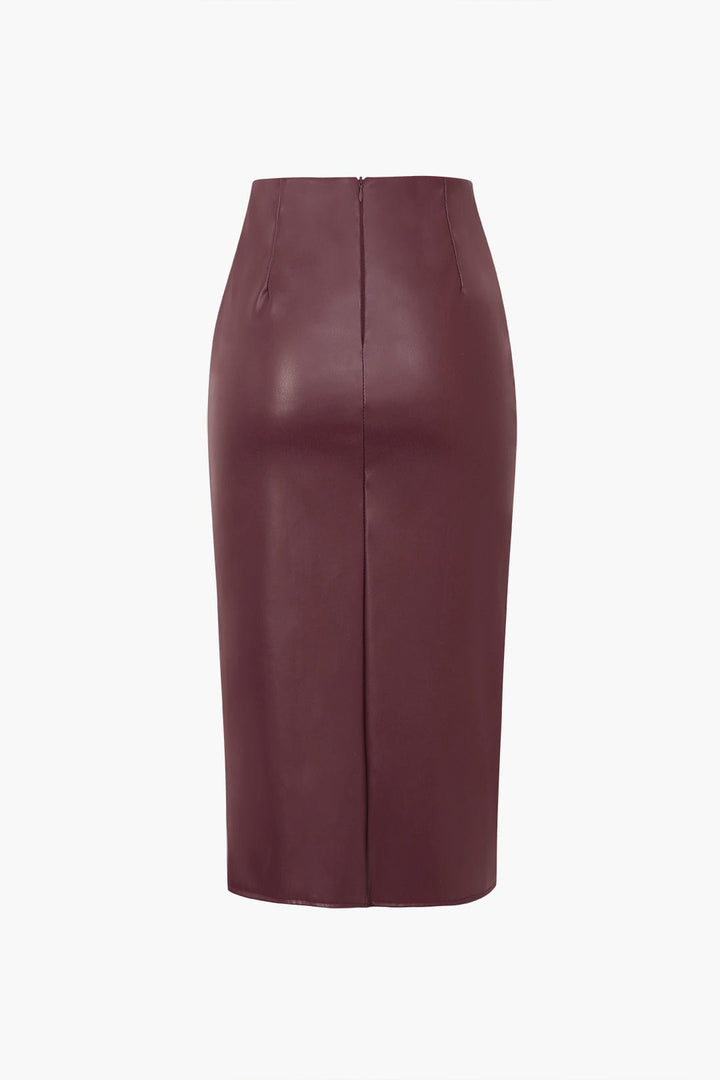 Midi Faux Leather Skirt for Women – Elegant Asymmetrical Bodycon with Braided Pattern
