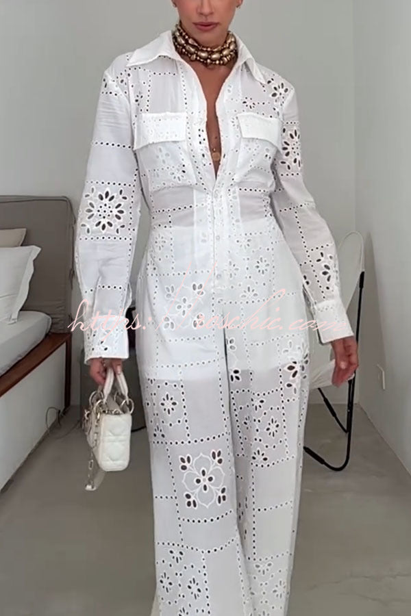 Vivi Embroidered Lace Cutout Long Sleeve Pocket Elastic Waist Loose Shirt Jumpsuit, view 2 - Elena Harper