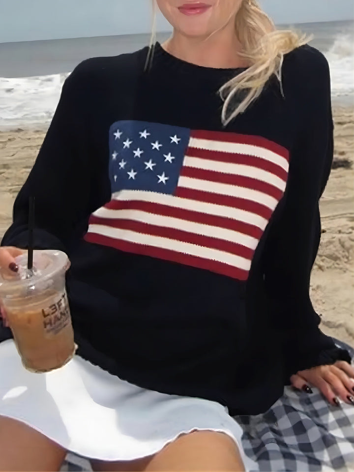 Pullover Women's Sweater American Flag Pattern Casual Round Neck Long Sleeves Warm Soft, view 7 - Elena Harper