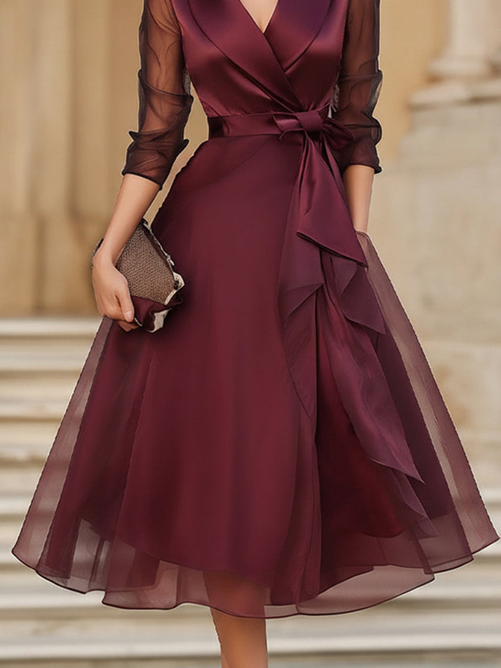 Minerva | Elegant Wrap Midi Dress With Sheer Sleeves