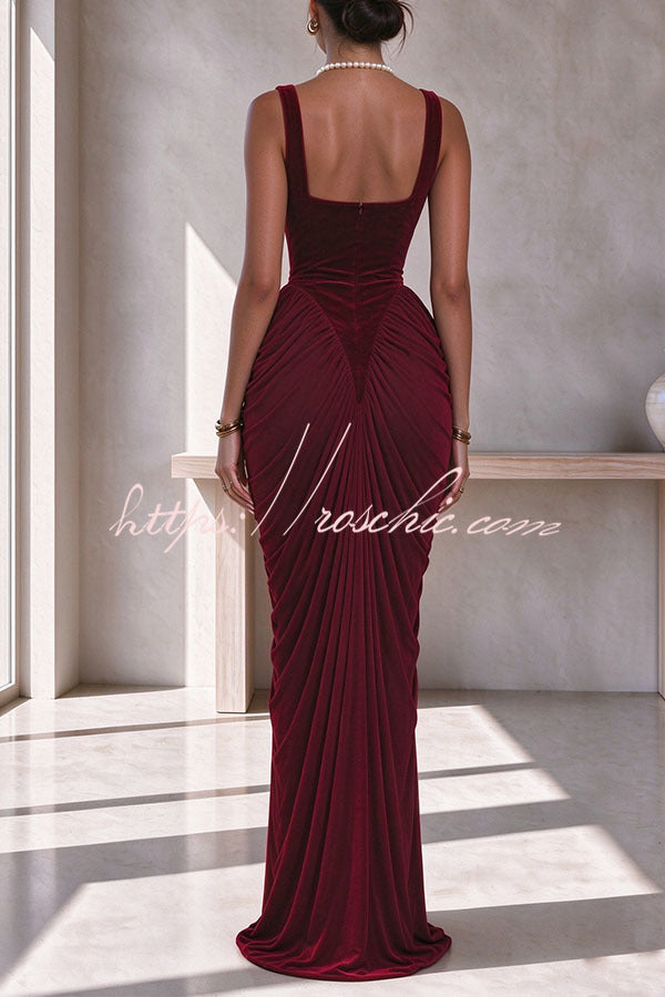 Eira Velvet Square Neck Ruched Drape Hem Maxi Dress