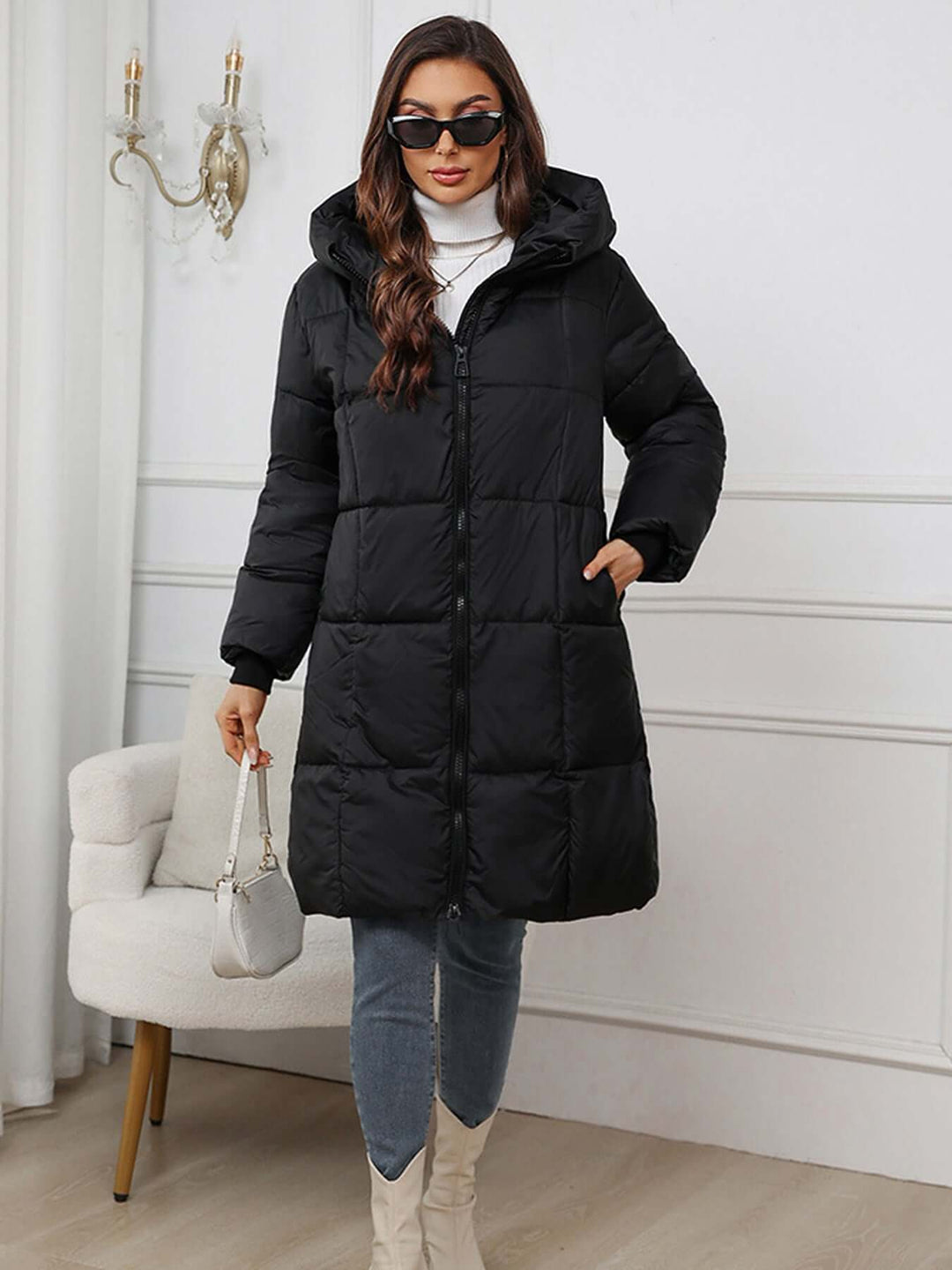 Women's Long Hooded Winter Puffer Coat, view 9 - Elena Harper