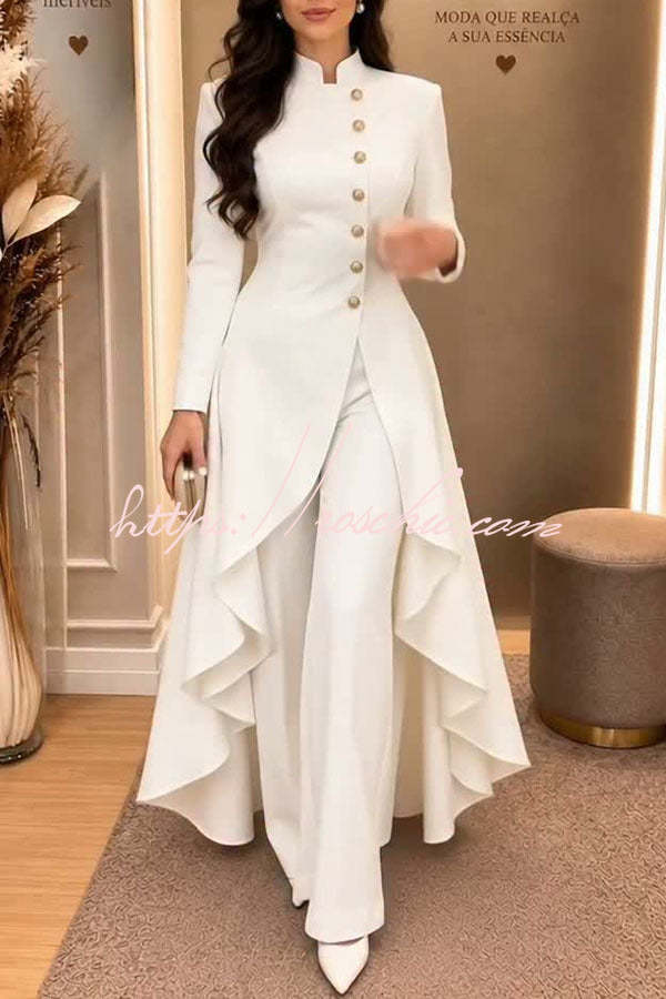 Jemma Stand Neck Long Sleeve Button High Low Hem Top and Wide Leg Pants Set (Shipped Within 24 Hours)