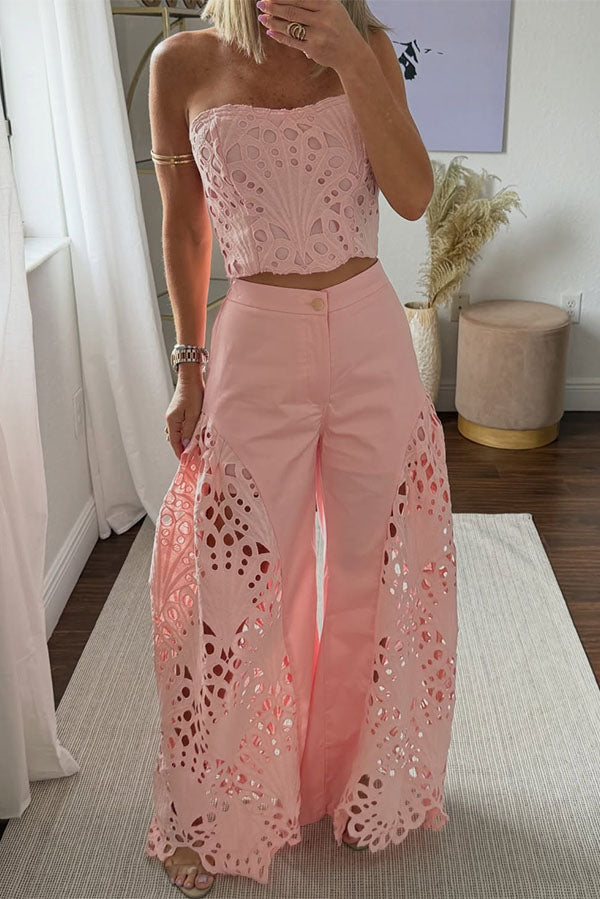 Sienna Embroidered Cut-Out Palazzo Pants Two-Piece Set - Elena Harper