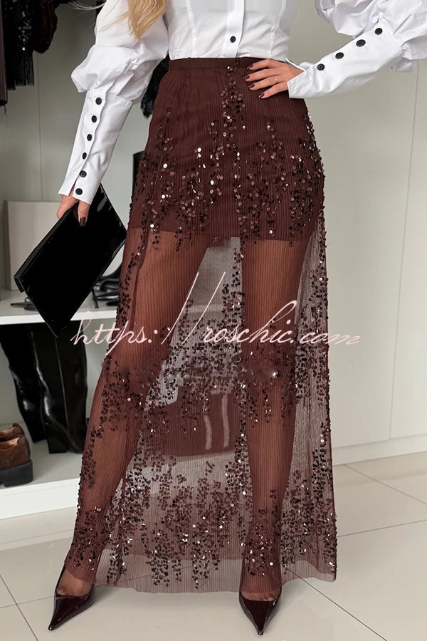Darling Details Sequin Embroidered Tulle High Rise Elastic Waist Maxi Skirt