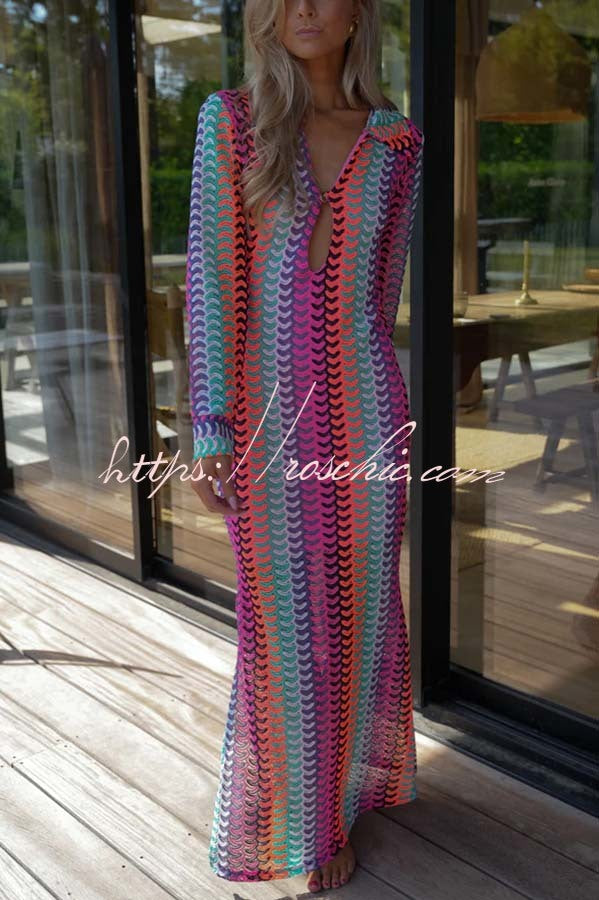 Eleanor Knit Colorful Wave Unique Print Shirt U-neck Long Sleeve Slit Maxi Dress