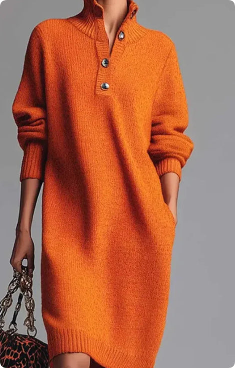 Women's Long Sleeve Knit Dress – High V-Neck with Buttons