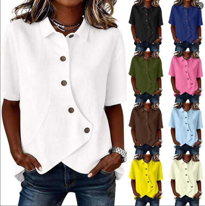 Women's Solid Color Shirt with Asymmetrical Buttoning and Short Sleeves
