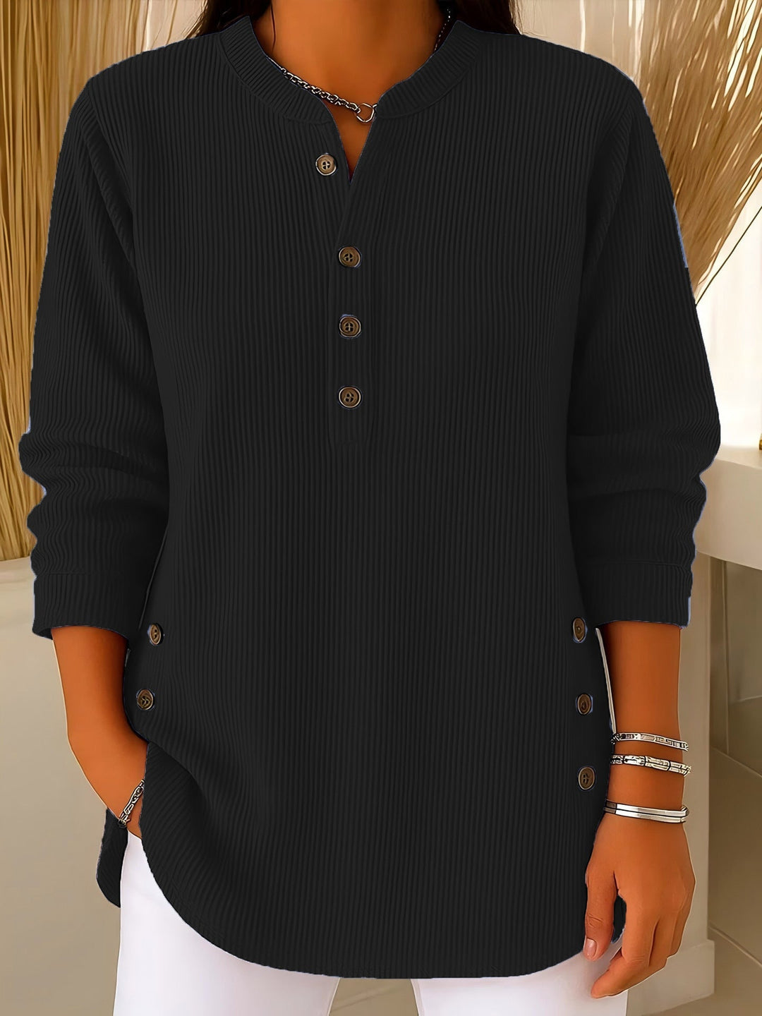 Women's Ribbed Blouse with Decorative Buttons