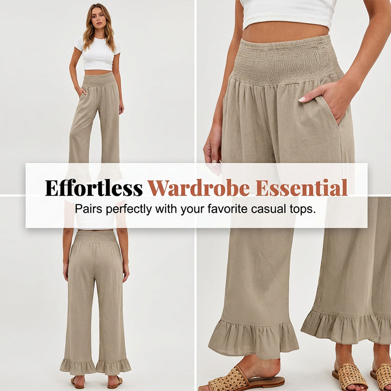Wide Leg Women's Smocked Waist Cotton Linen Ruffled Bottom Boho Pants