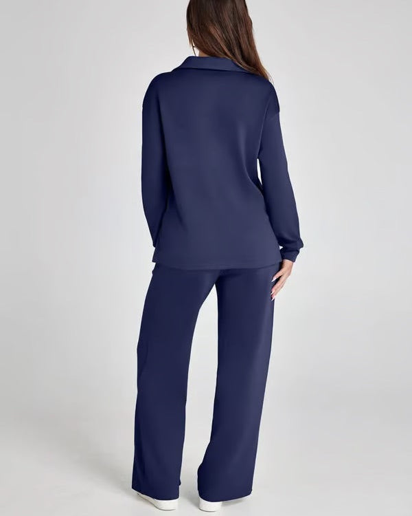 Autumn Women's Two-Piece Set with High Neck Sweatshirt and Wide Leg Pants