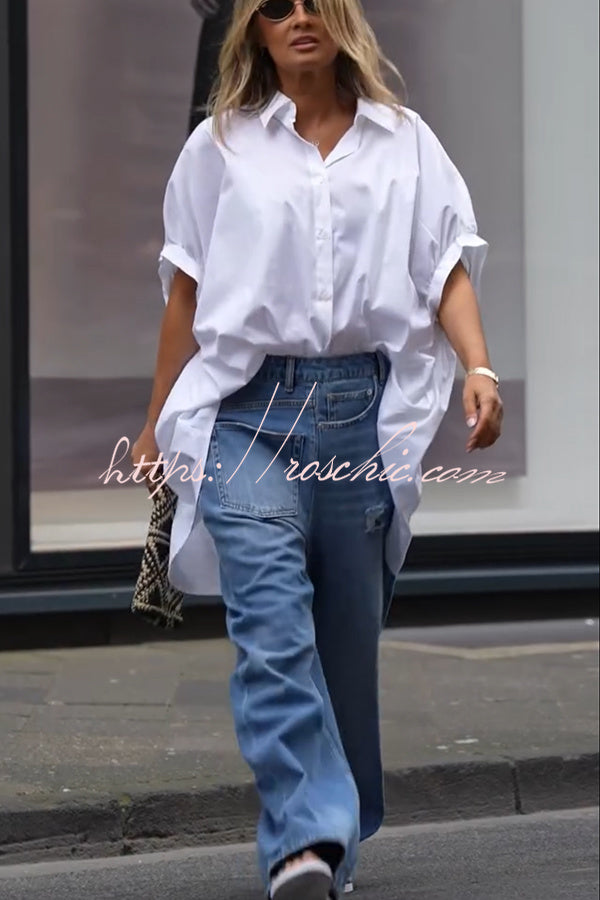 Tania Cotton Blend Button Up Wide Sleeve Oversized Long Shirt