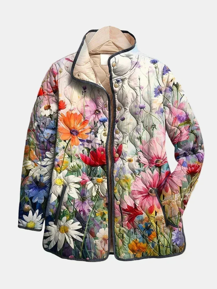 Women's Quilted Jacket with Floral Print for Mid-Season