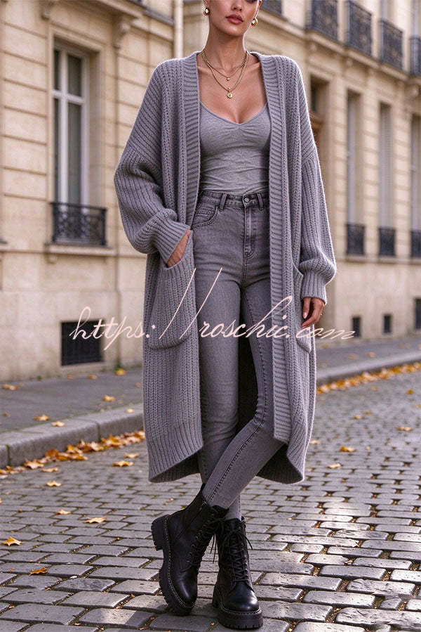 Trendy Thick Knit Open Front Long Sleeve Pocket Oversized Midi Cardigan
