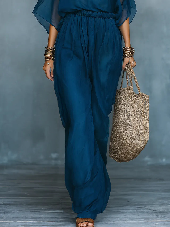 Minimalist Deep Blue Sheer Sleeve Wide-Leg Pant Set
