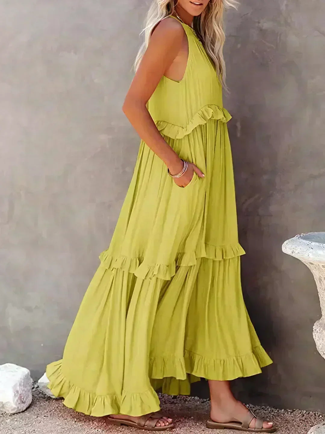 Delilah Elegant Halter Neck Ruffle Trim Dress - Elena Harper