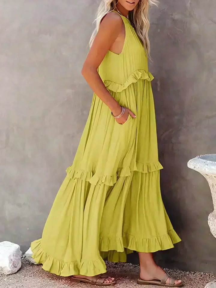 Delilah Elegant Halter Neck Ruffle Trim Dress - Elena Harper