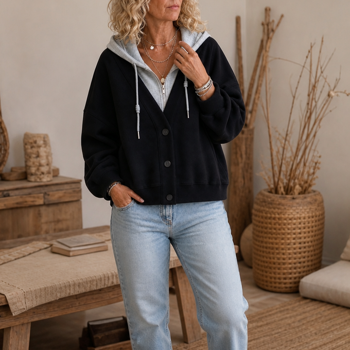 Amelia Comfortable V-Neck Hoodie in Layered Look, view 4 - Elena Harper