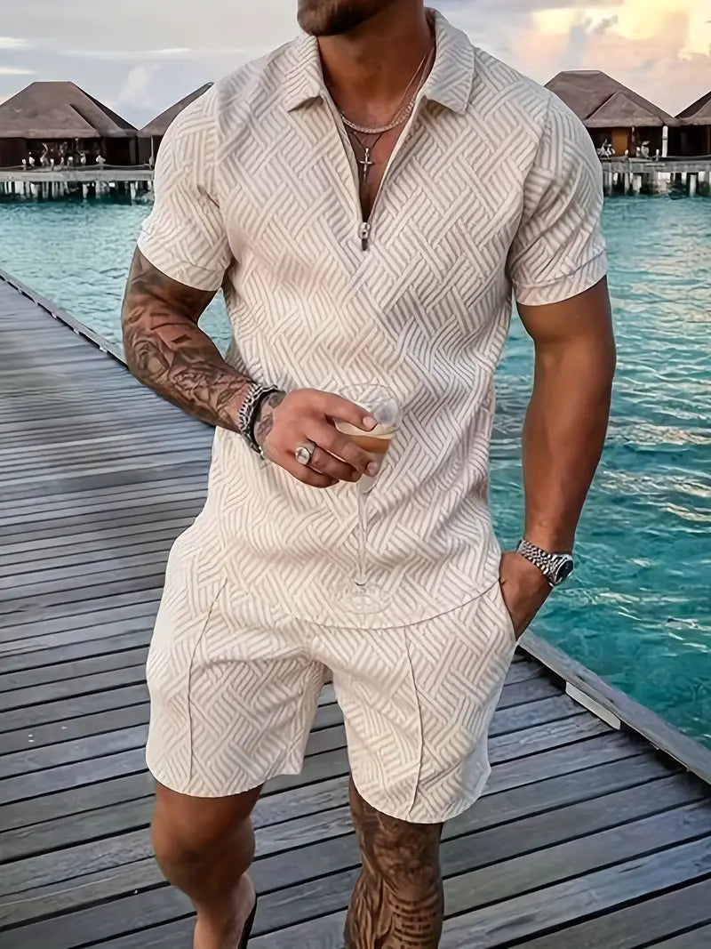 Men's Geometric Summer Set Polo Shirt & Shorts Outfit, view 7 - Elena Harper
