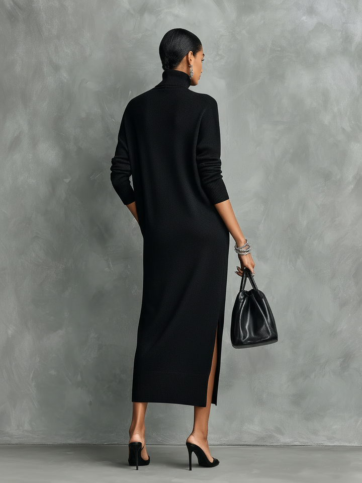 Women's Elegant Black Knitted Turtleneck Long-sleeved Loose-fitting Midi Dress With No Pockets MDA1974L7AN - Elena Harper