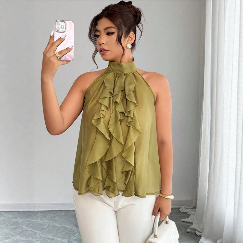 Plus Size Women's Halter Neck Top with Ruffled Hem