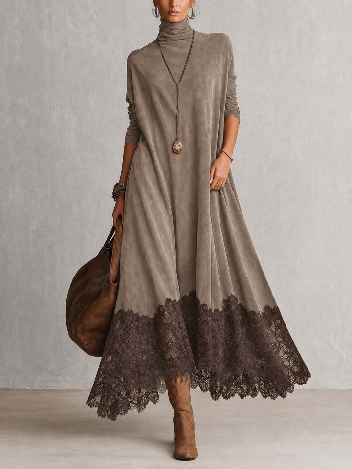 Long women's suede-effect dress with lace