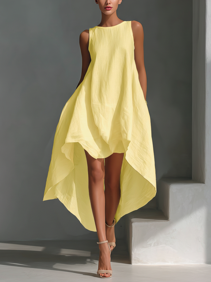 Alyna Midi Dress Without Sleeves with Asymmetric Hem, view 2 - Elena Harper