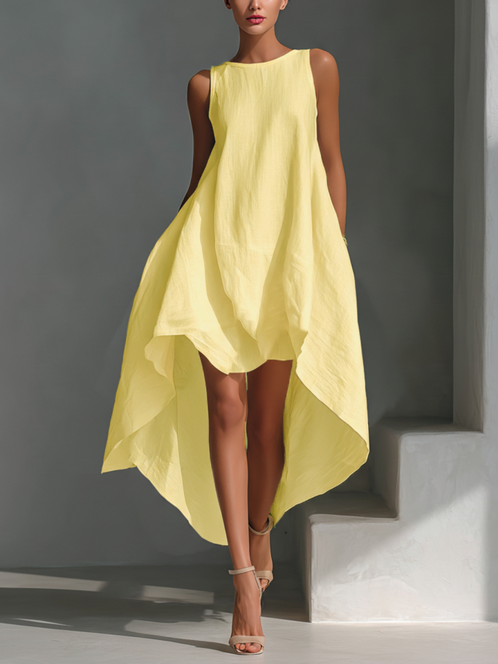 Alyna Midi Dress Without Sleeves with Asymmetric Hem, view 2 - Elena Harper
