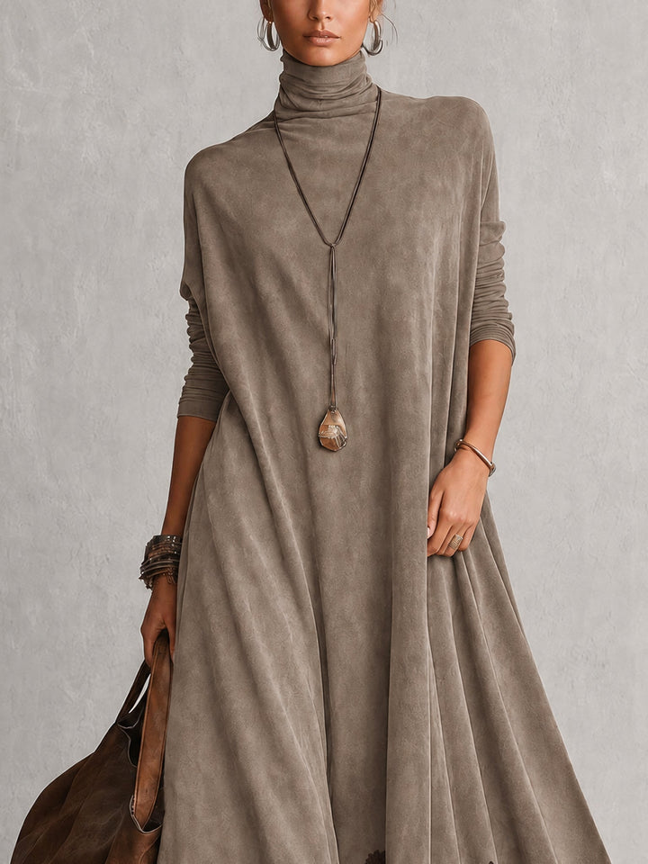 Long women's suede-effect dress with lace