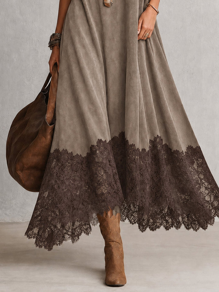 Long women's suede-effect dress with lace